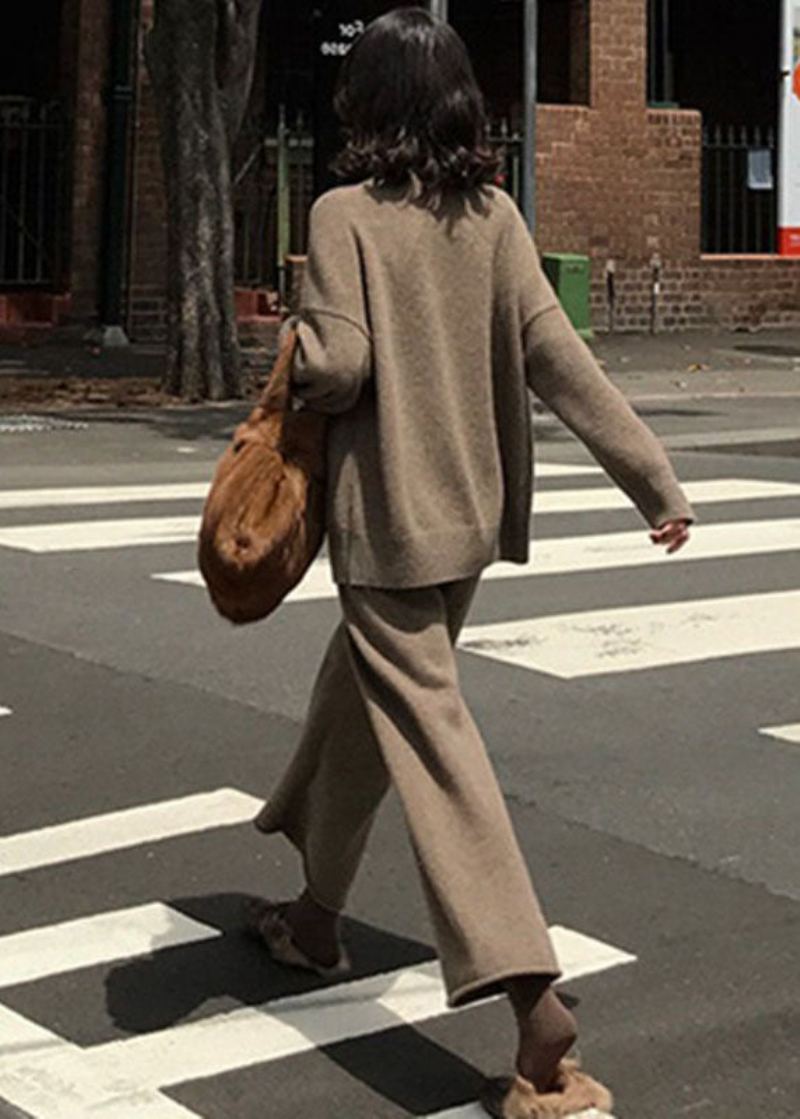 Ensemble Deux Pièces En Tricot De Laine Surdimensionné À Col Haut Kaki Français Printemps - Manteaux en laine femmes