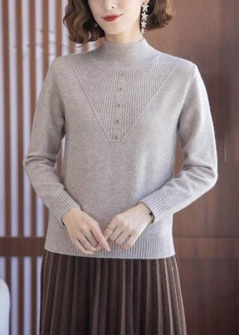 Femmes Beige Col Roulé Solide Laine Hauts En Tricot À Manches Longues - Manteaux en laine femmes