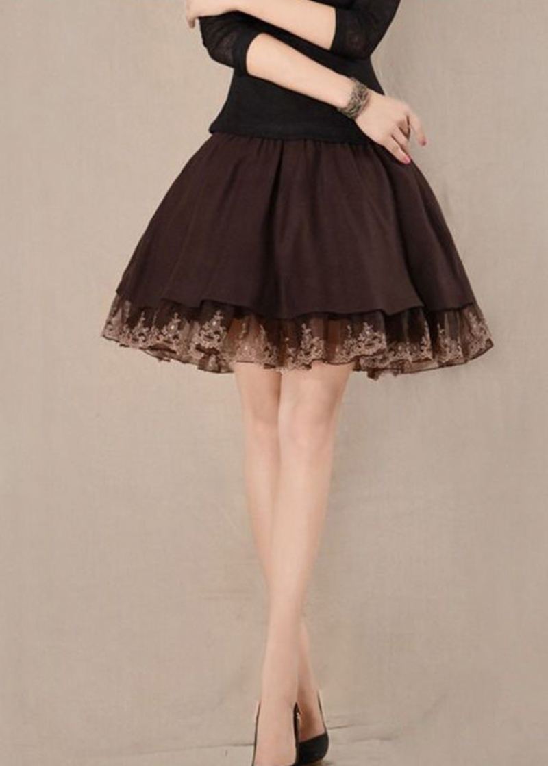 Femmes Chocolat Tulle Patchwork Taille Haute Laine Une Ligne Jupes Hiver