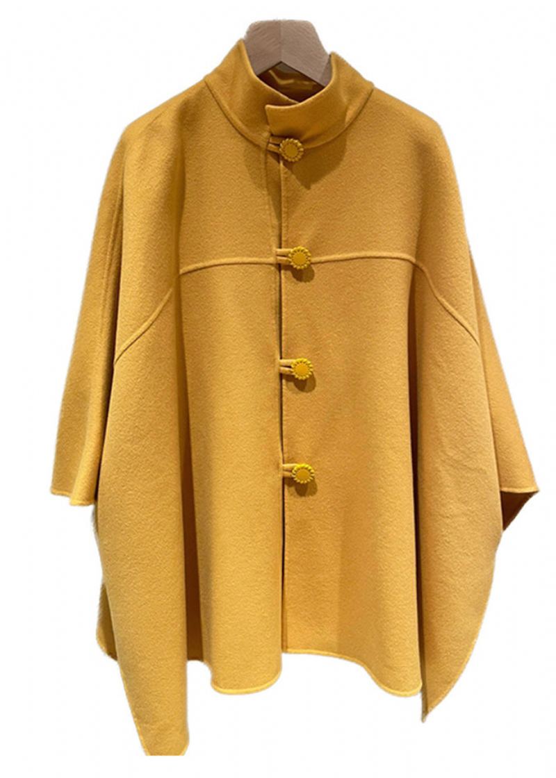 Femmes Jaune Stand Bouton Patchwork Laine Cape Manteaux Automne - Manteaux en laine femmes