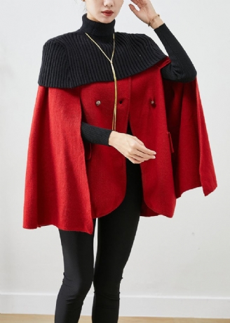 Femmes Rouge Col Haut Tricot Patchwork Manteaux De Laine Manches Cape