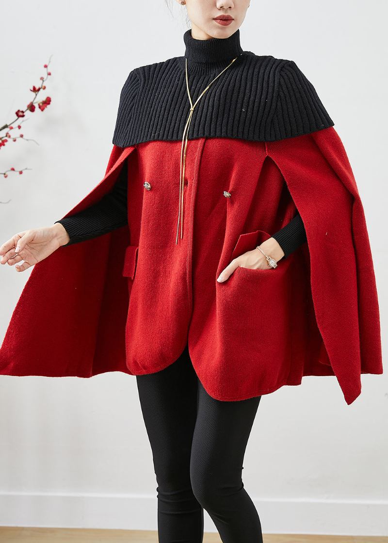 Femmes Rouge Col Haut Tricot Patchwork Manteaux De Laine Manches Cape - Manteaux en laine femmes