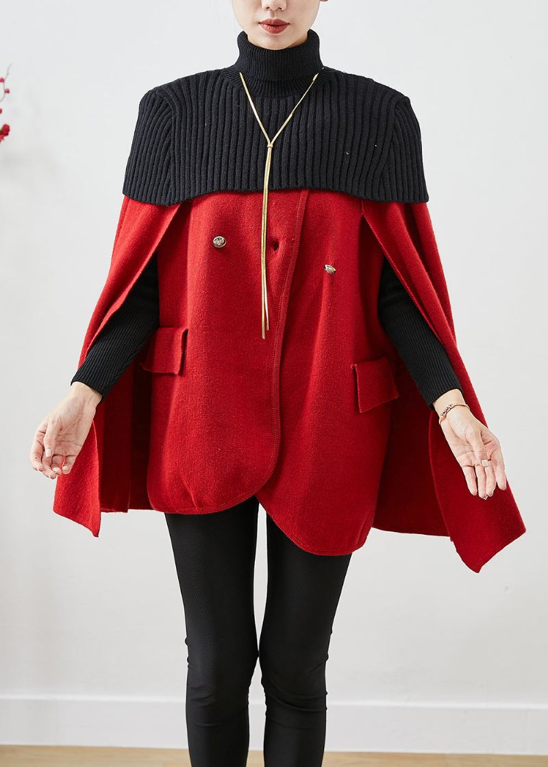 Femmes Rouge Col Haut Tricot Patchwork Manteaux De Laine Manches Cape - Manteaux en laine femmes