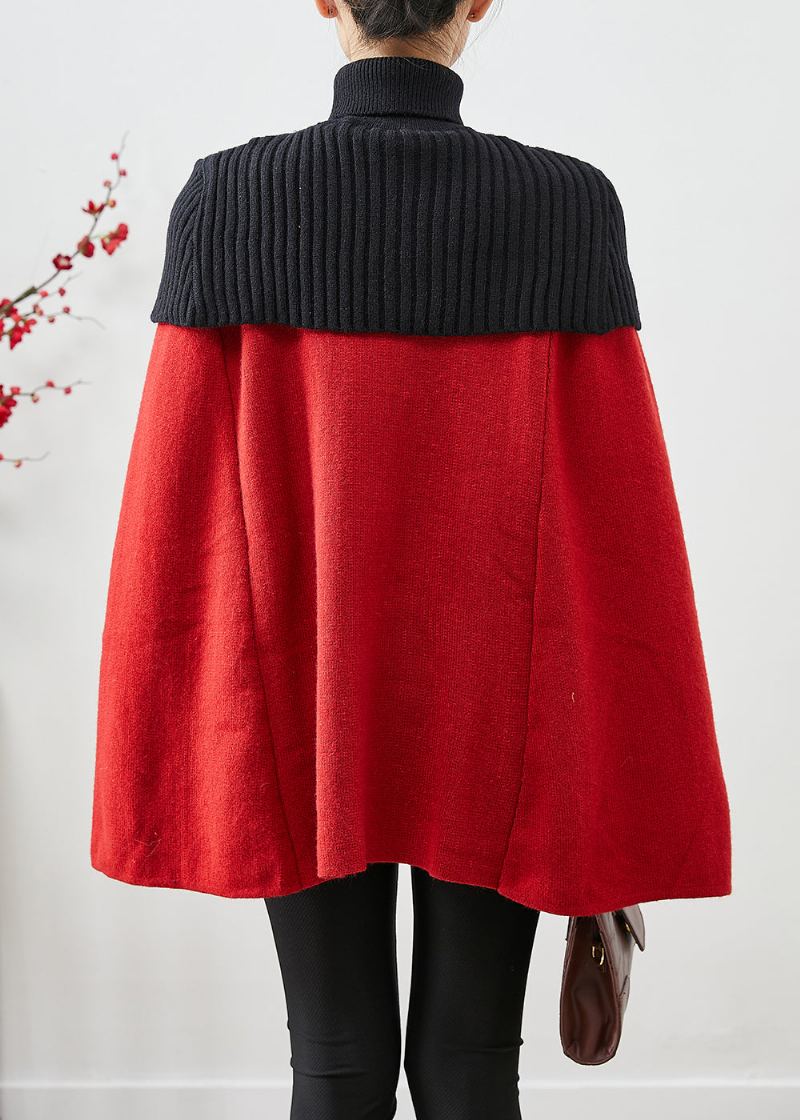 Femmes Rouge Col Haut Tricot Patchwork Manteaux De Laine Manches Cape - Manteaux en laine femmes