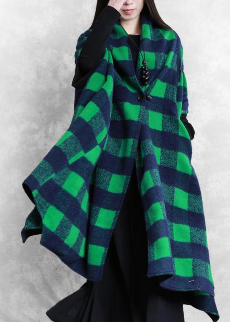 Femmes Vestes Décontractée Manteaux Vert Plaid Manches Chauve-souris Patchwork Laine Pardessus