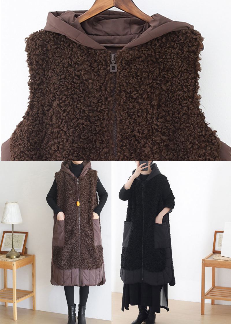 Gilet À Capuche En Laine Et Coton Poches Zippées Couleur Chocolat Grande Taille Sans Manches - Café