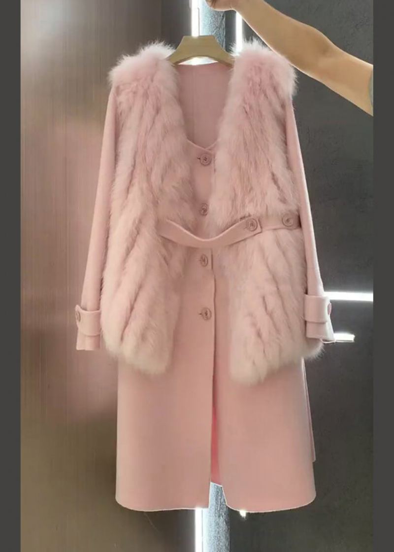 Gilet Et Manteau Moelleux En Fourrure Rose Italienne Ensembles En Laine 2 Pièces Pour L'hiver