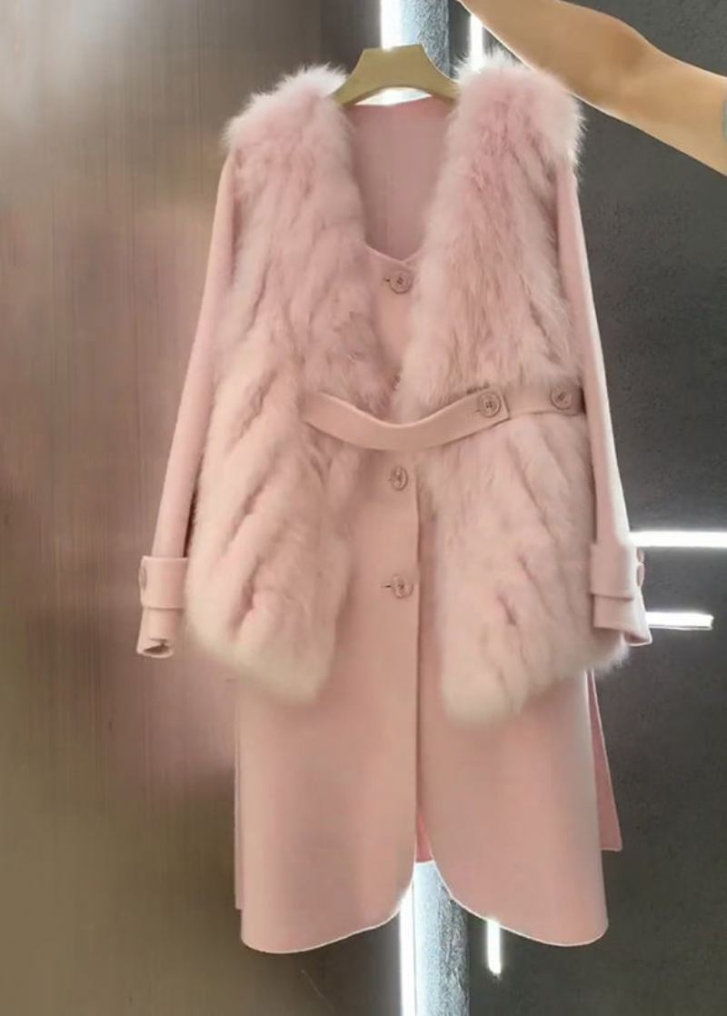 Gilet Et Manteau Moelleux En Fourrure Rose Italienne Ensembles En Laine 2 Pièces Pour L'hiver - Manteaux en laine femmes