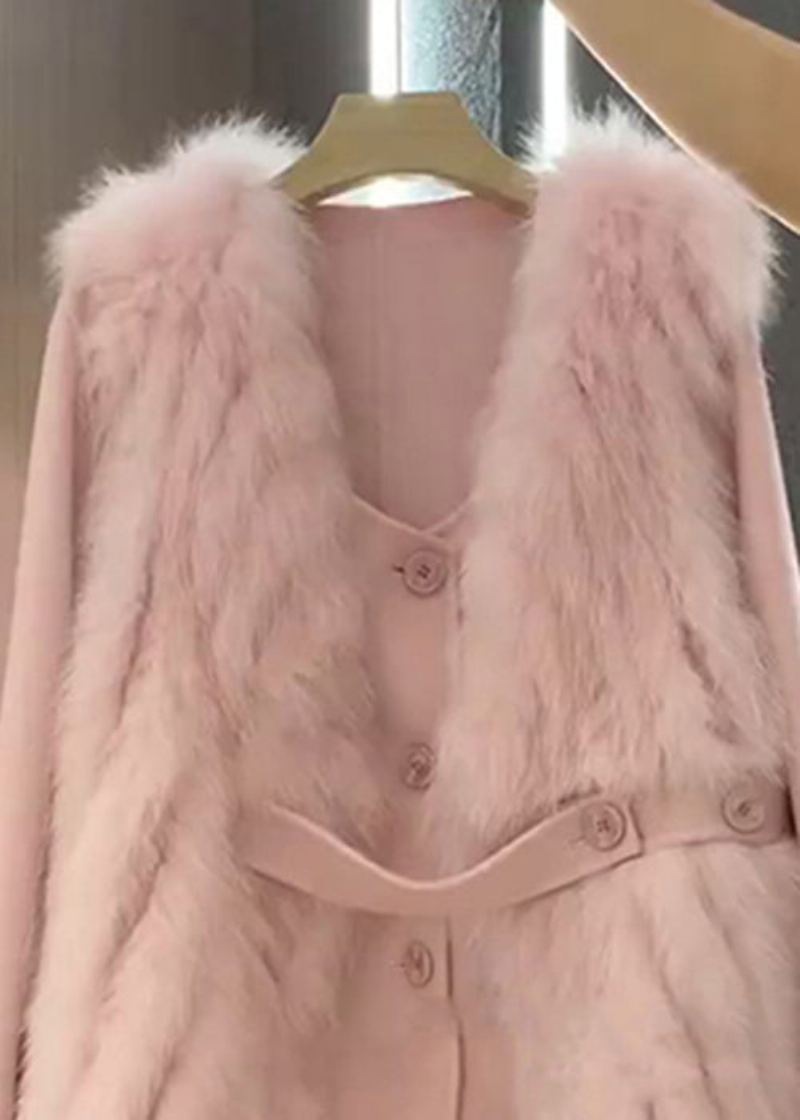 Gilet Et Manteau Moelleux En Fourrure Rose Italienne Ensembles En Laine 2 Pièces Pour L'hiver - Manteaux en laine femmes