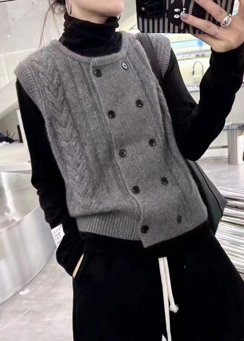 Gilet Gris À Col Rond Et Boutons En Laine Pour Femme Confortable En Tricot Torsadé Automne