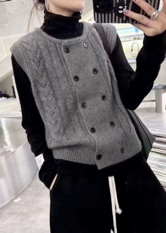 Gilet Gris À Col Rond Et Boutons En Laine Pour Femme Confortable En Tricot Torsadé Automne