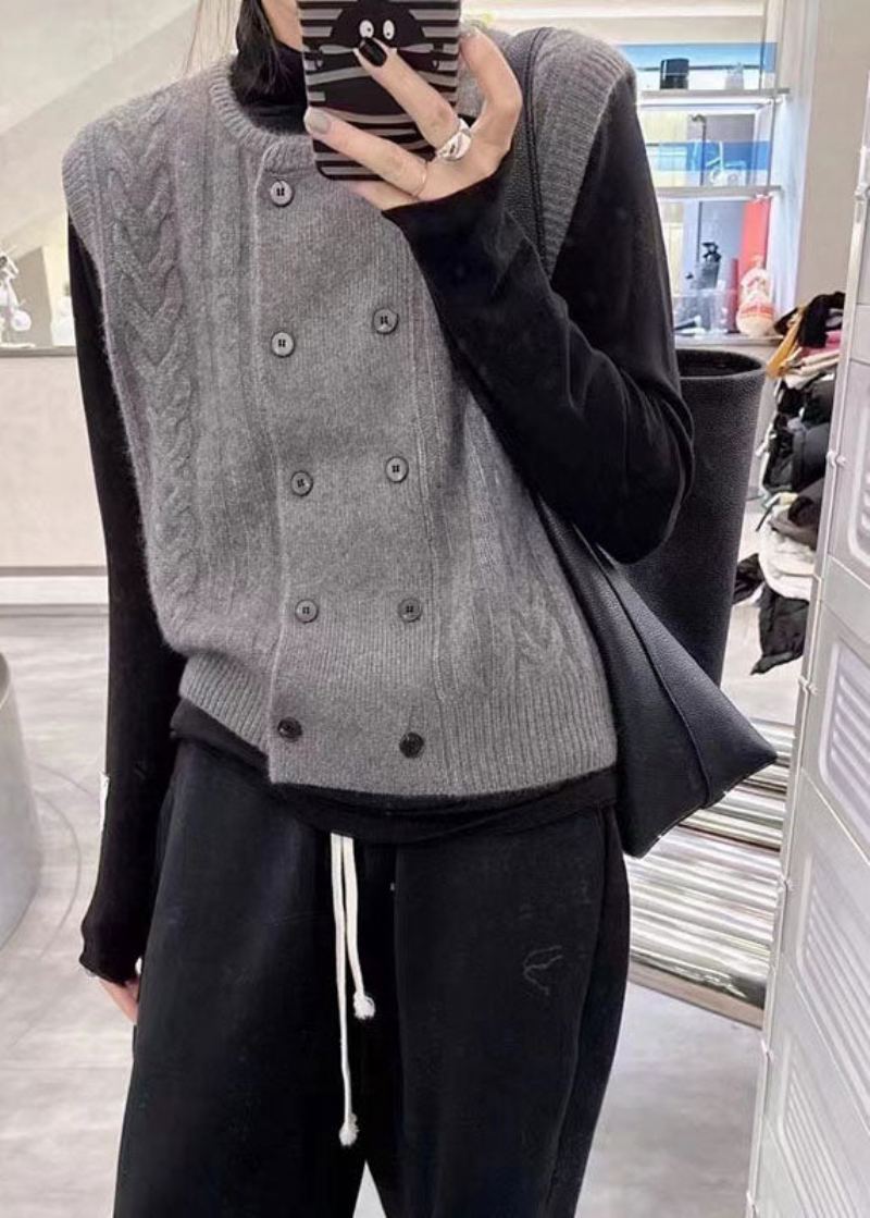 Gilet Gris À Col Rond Et Boutons En Laine Pour Femme Confortable En Tricot Torsadé Automne - Gris