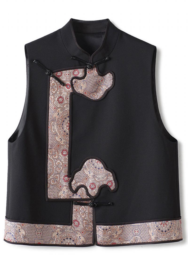 Gilet En Laine Jacquard Noir Col Montant Bouton Patchwork Automne - Manteaux en laine femmes