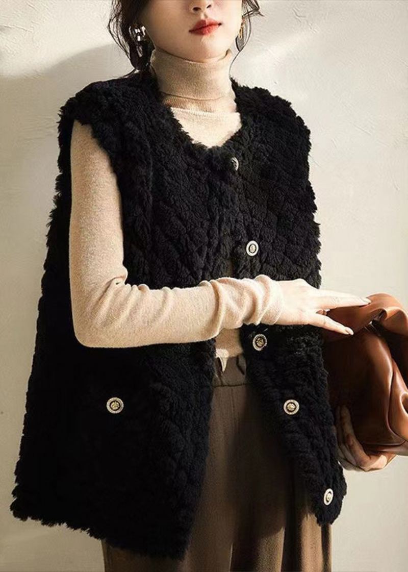 Gilet En Laine Noir Pour Femmes Col Rond Boutons Patchwork Sans Manches