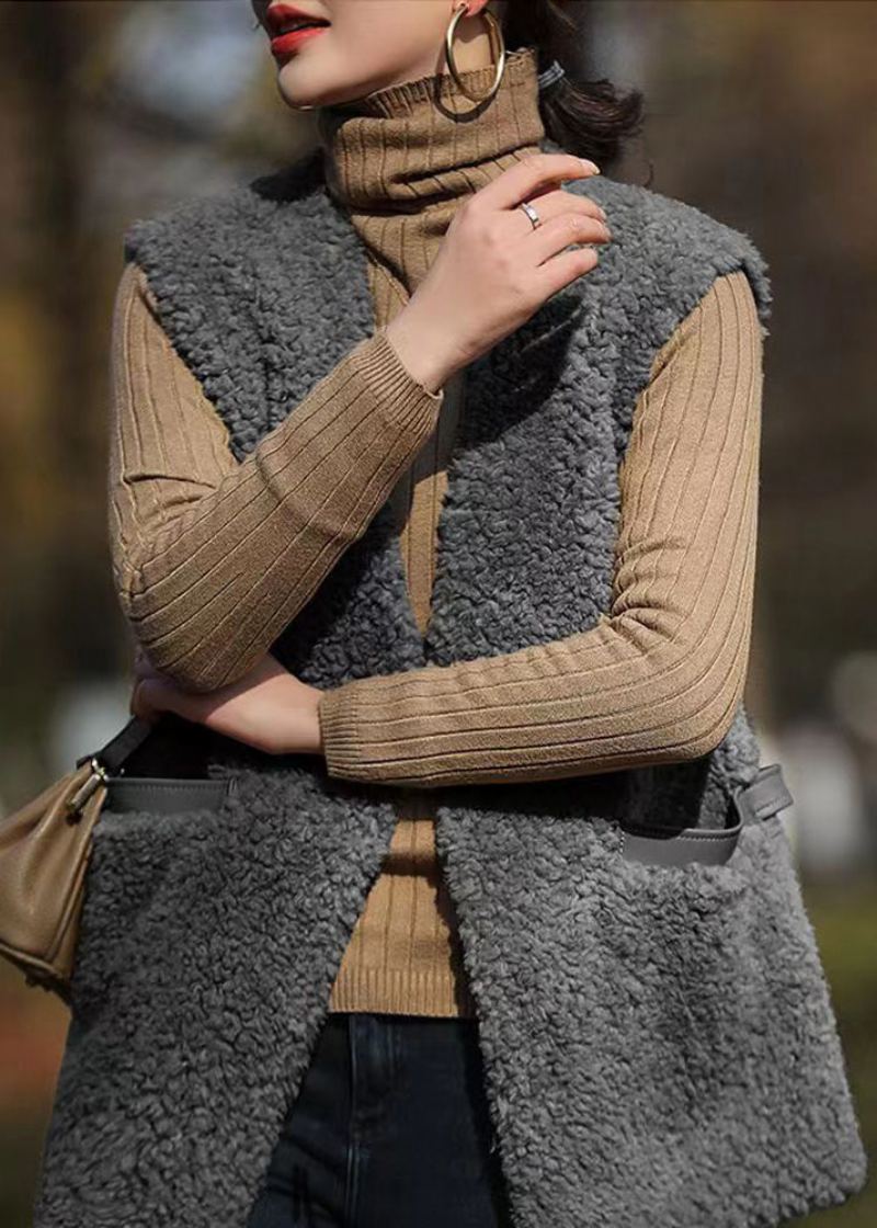 Gilet En Laine Patchwork Gris Français Poches À Col En V Sans Manches