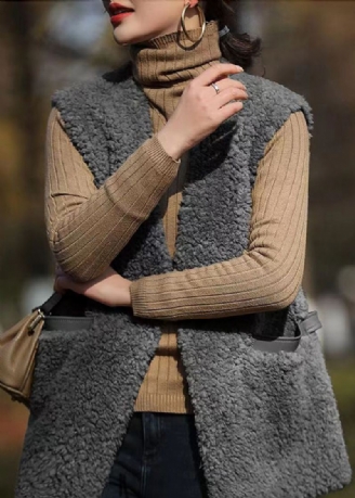 Gilet En Laine Patchwork Gris Français Poches À Col En V Sans Manches