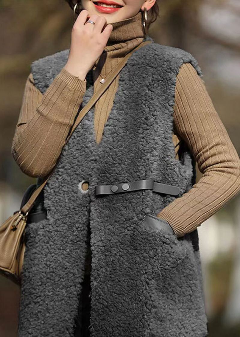 Gilet En Laine Patchwork Gris Français Poches À Col En V Sans Manches - Manteaux en laine femmes