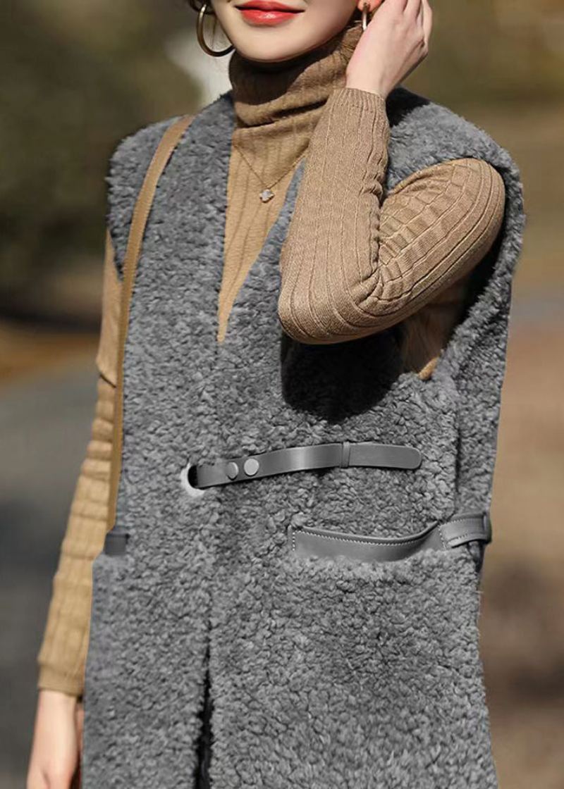 Gilet En Laine Patchwork Gris Français Poches À Col En V Sans Manches - Manteaux en laine femmes