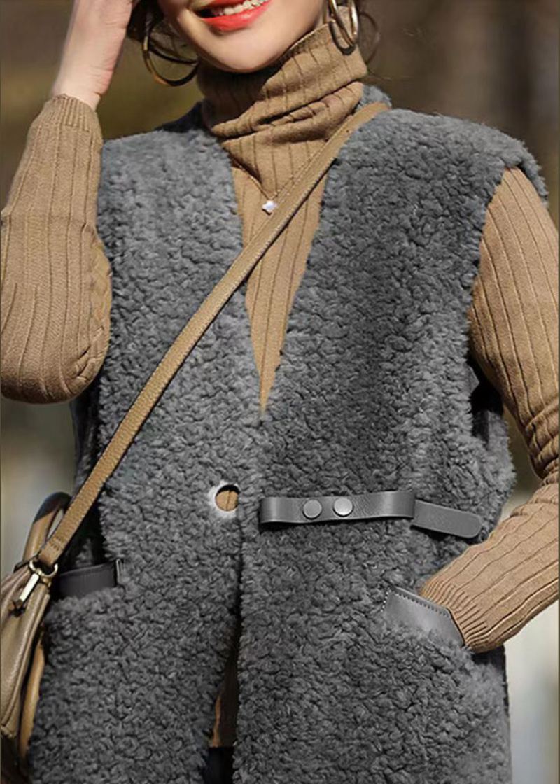 Gilet En Laine Patchwork Gris Français Poches À Col En V Sans Manches - Manteaux en laine femmes