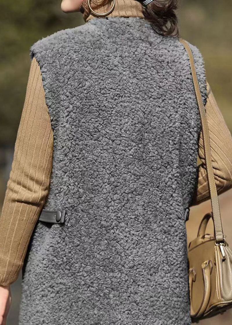 Gilet En Laine Patchwork Gris Français Poches À Col En V Sans Manches - Manteaux en laine femmes