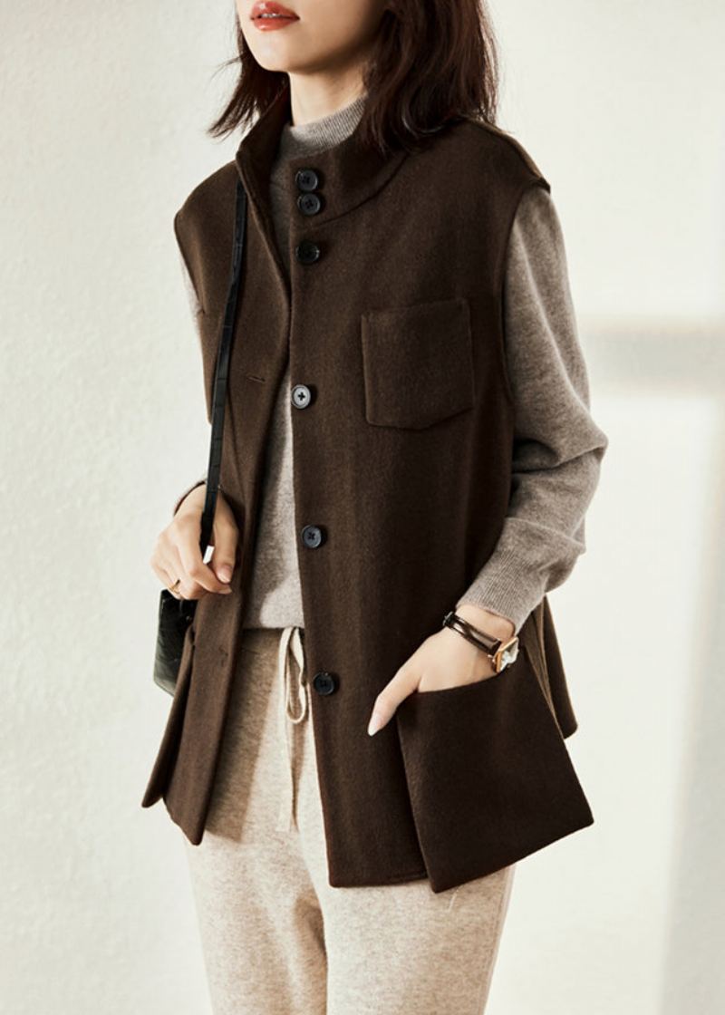 Gilet En Laine Simple Couleur Chocolat Col Montant Poches Boutonnées Sans Manches - Manteaux en laine femmes