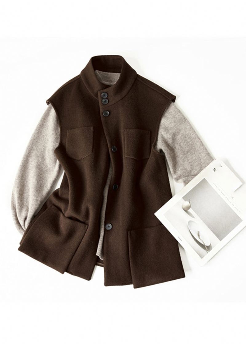 Gilet En Laine Simple Couleur Chocolat Col Montant Poches Boutonnées Sans Manches - Manteaux en laine femmes