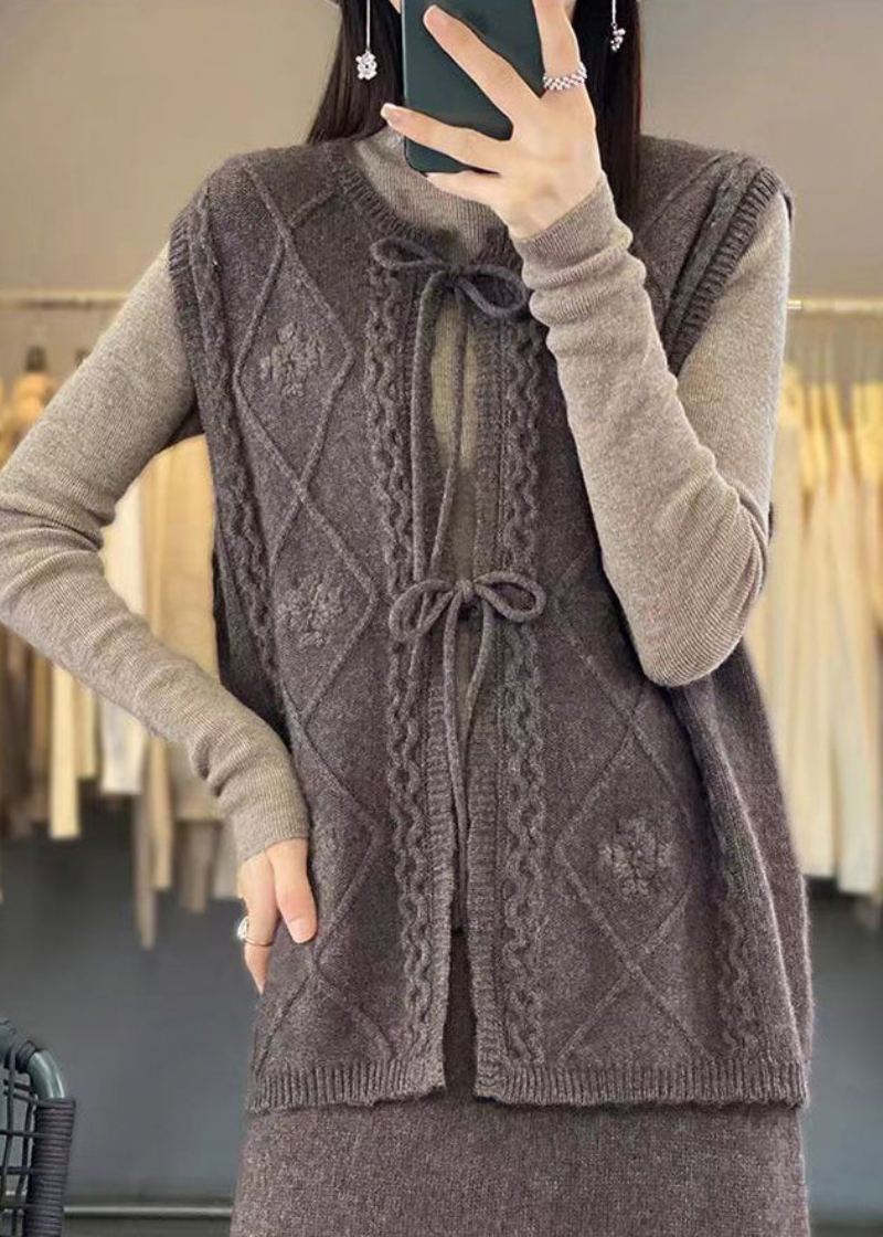 Gilet En Laine Tricoté À Lacets Pour Femmes Col Rond Café Sans Manches - Manteaux en laine femmes