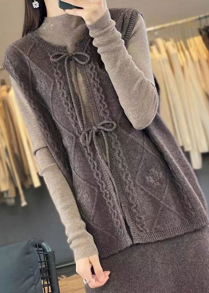 Gilet En Laine Tricoté À Lacets Pour Femmes Col Rond Café Sans Manches - Manteaux en laine femmes