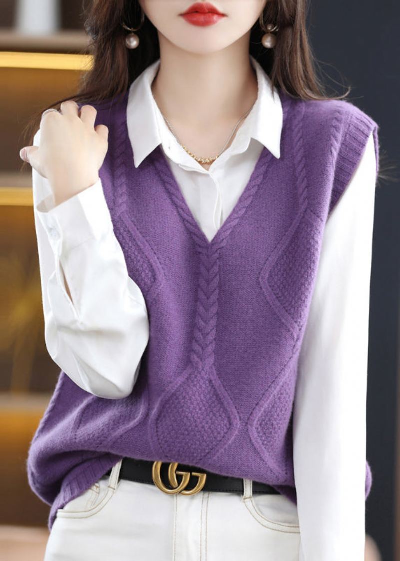 Gilet En Laine Tricoté Violet Français Col En V Patchwork Sans Manches