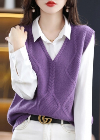 Gilet En Laine Tricoté Violet Français Col En V Patchwork Sans Manches