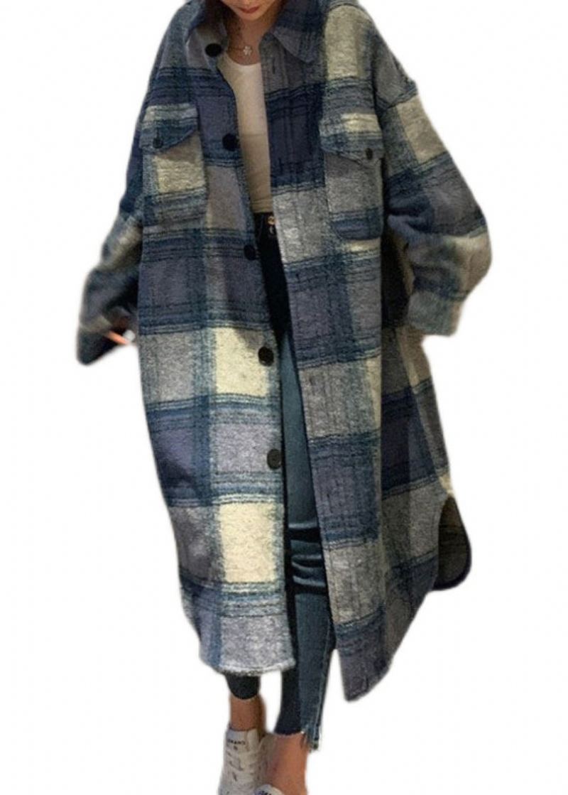 Grande Taille Bleu Col Claudine Poches Plaid Laine Longs Manteaux Automne - Manteaux en laine femmes