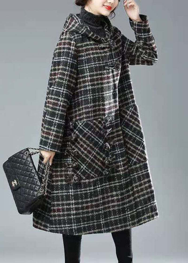 Grande Taille Noir Chocolat Plaid À Capuche Poches Épais Laine Trench Hiver - Plaid Café Noir