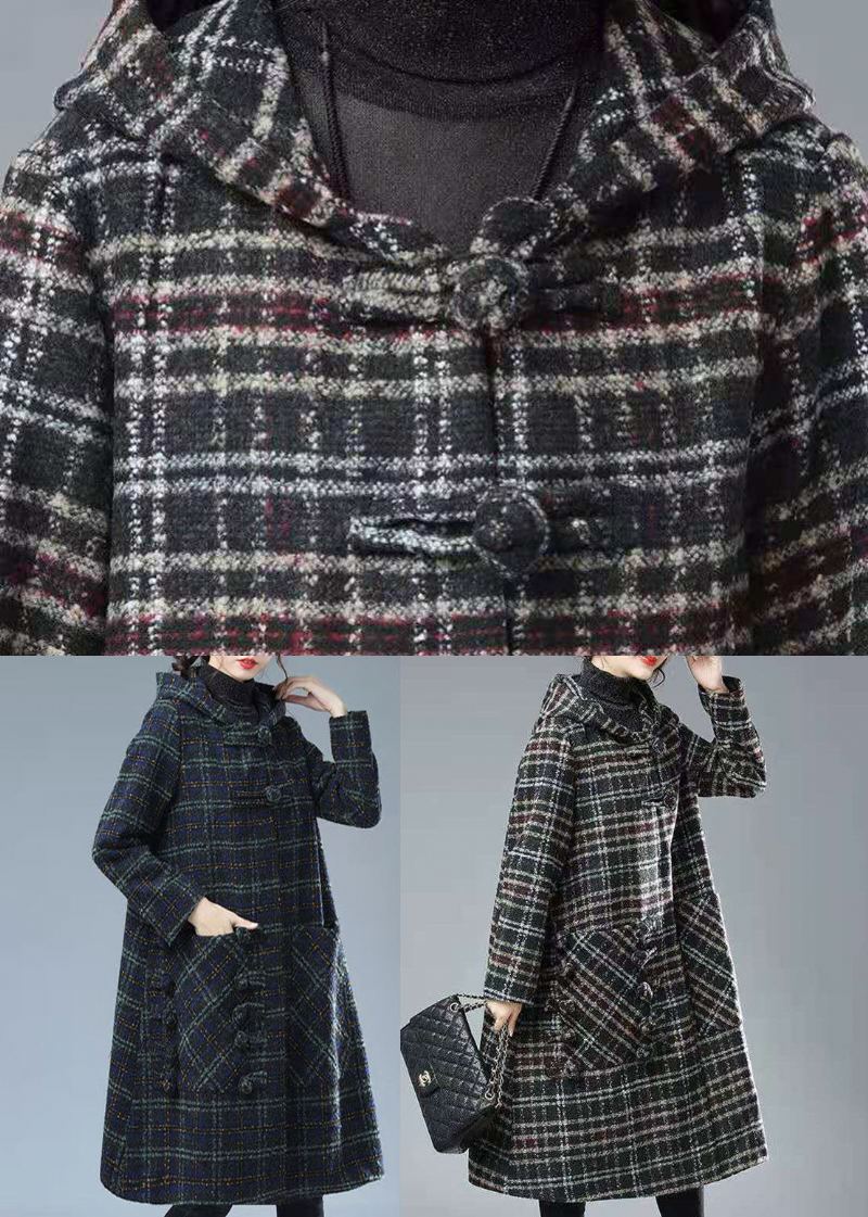 Grande Taille Noir Chocolat Plaid À Capuche Poches Épais Laine Trench Hiver - Plaid Café Noir