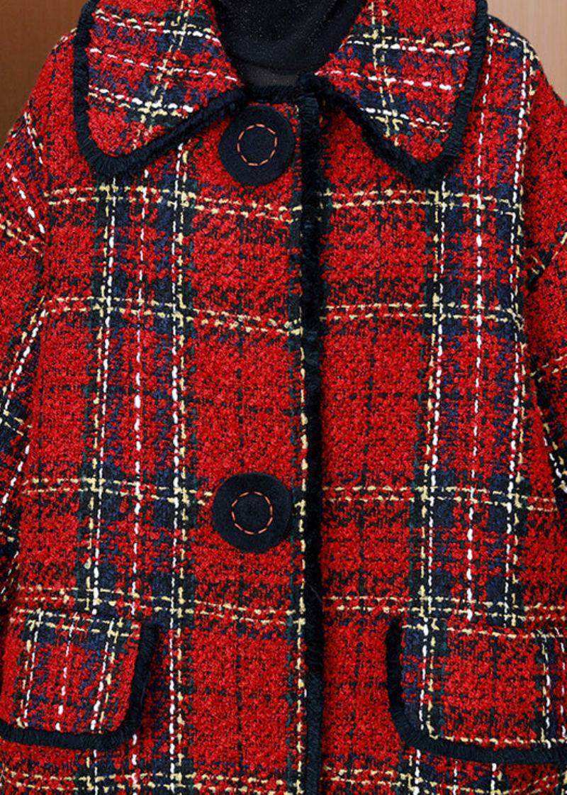 Grande Taille Rouge Col Claudine Poches Plaid Laine Manteaux Hiver - Manteaux en laine femmes