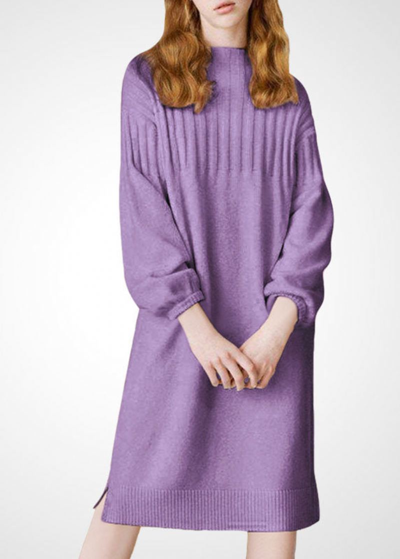 Grande Taille Violet Col Montant Laine Épaisse Longue Robe En Tricot Hiver