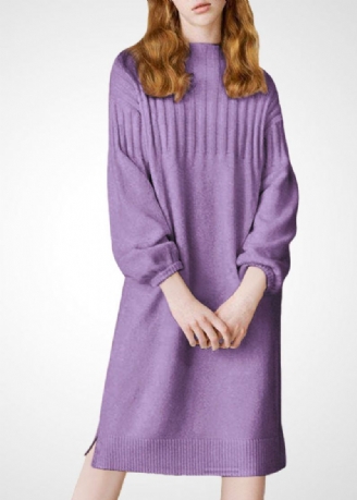 Grande Taille Violet Col Montant Laine Épaisse Longue Robe En Tricot Hiver