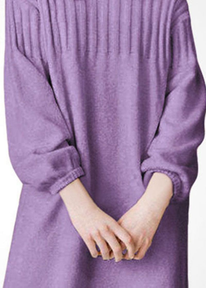 Grande Taille Violet Col Montant Laine Épaisse Longue Robe En Tricot Hiver - Manteaux en laine femmes