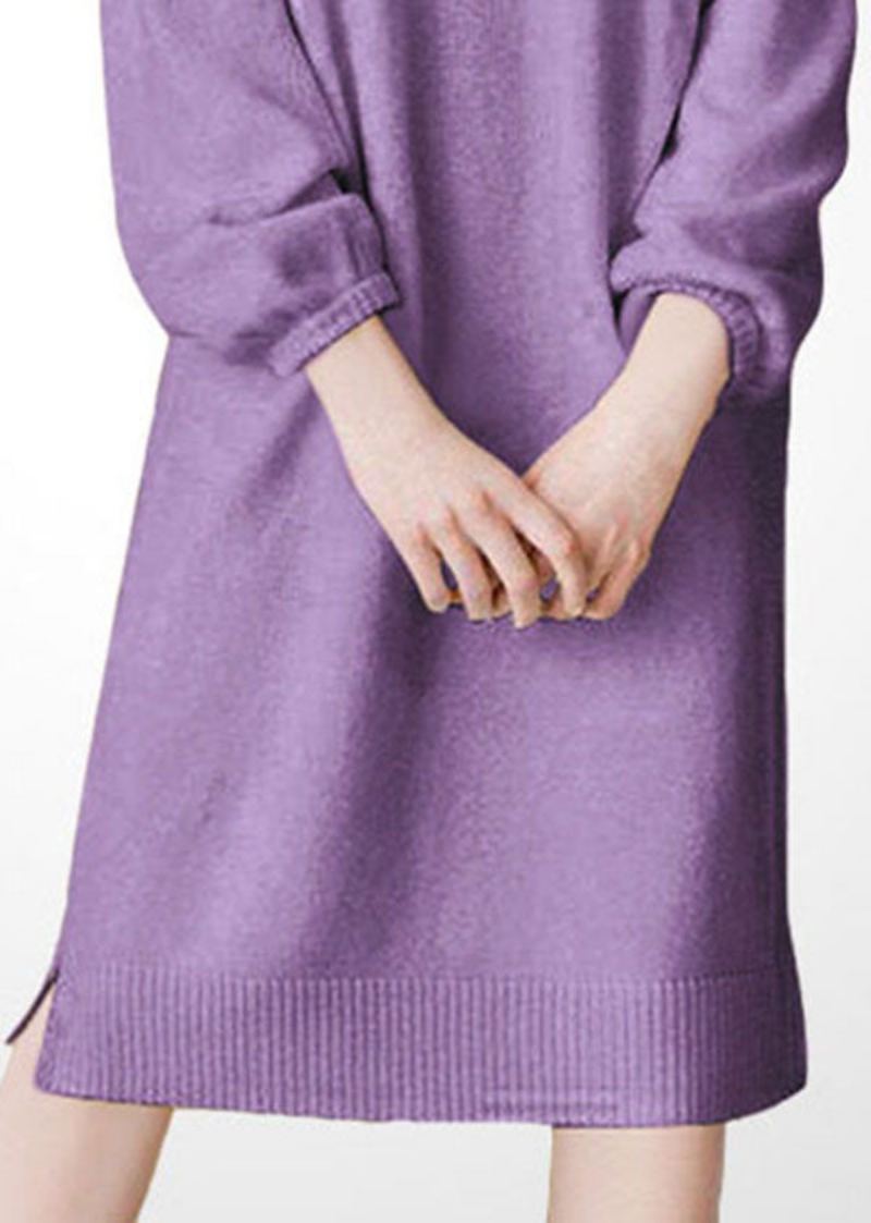 Grande Taille Violet Col Montant Laine Épaisse Longue Robe En Tricot Hiver - Manteaux en laine femmes