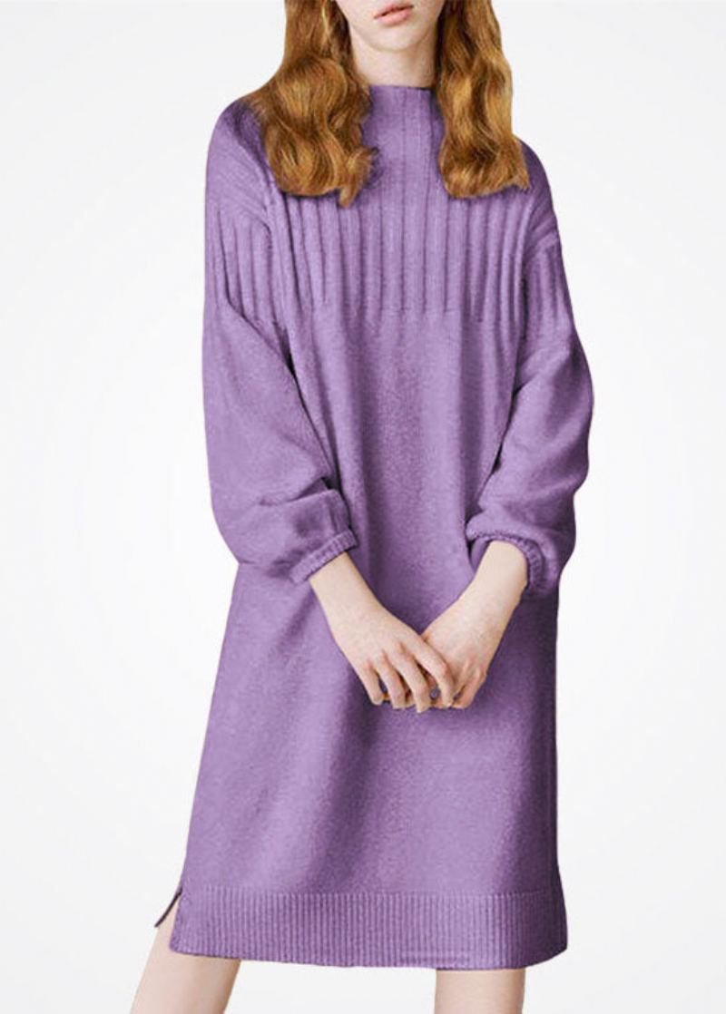 Grande Taille Violet Col Montant Laine Épaisse Longue Robe En Tricot Hiver - Manteaux en laine femmes