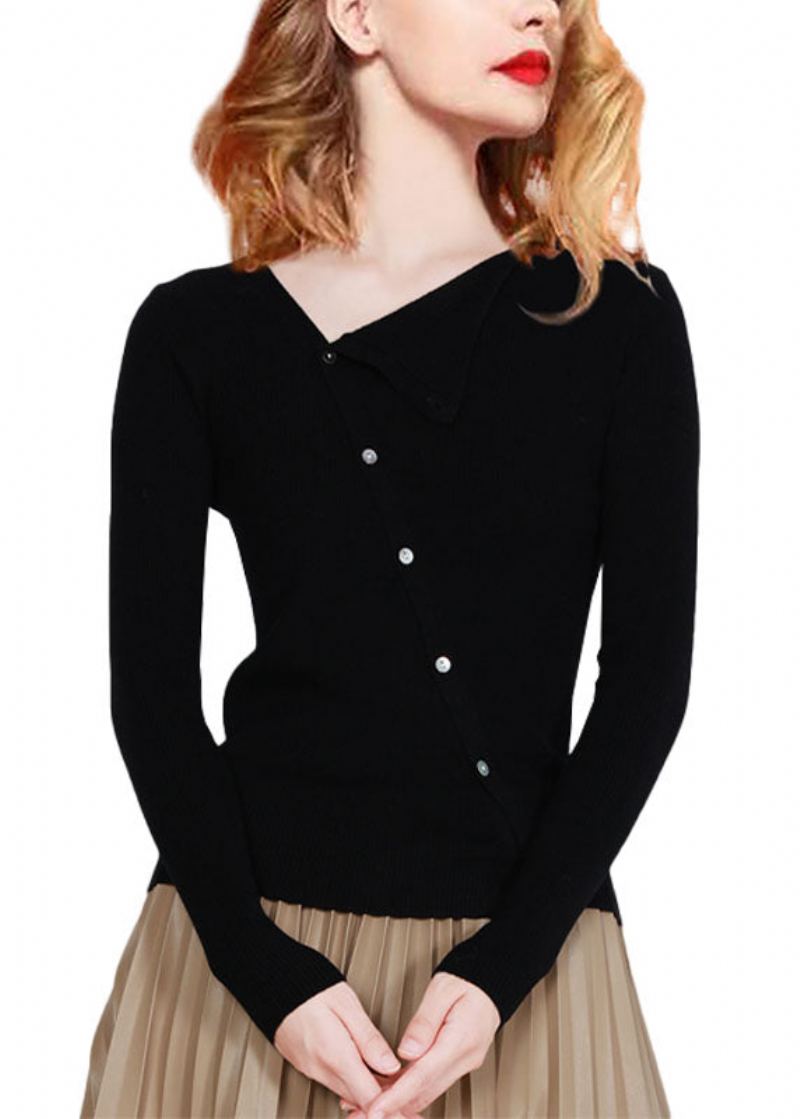 Haut En Tricot De Laine Coupe Ajustée Asymétrique Noir Moderne Hiver - Manteaux en laine femmes