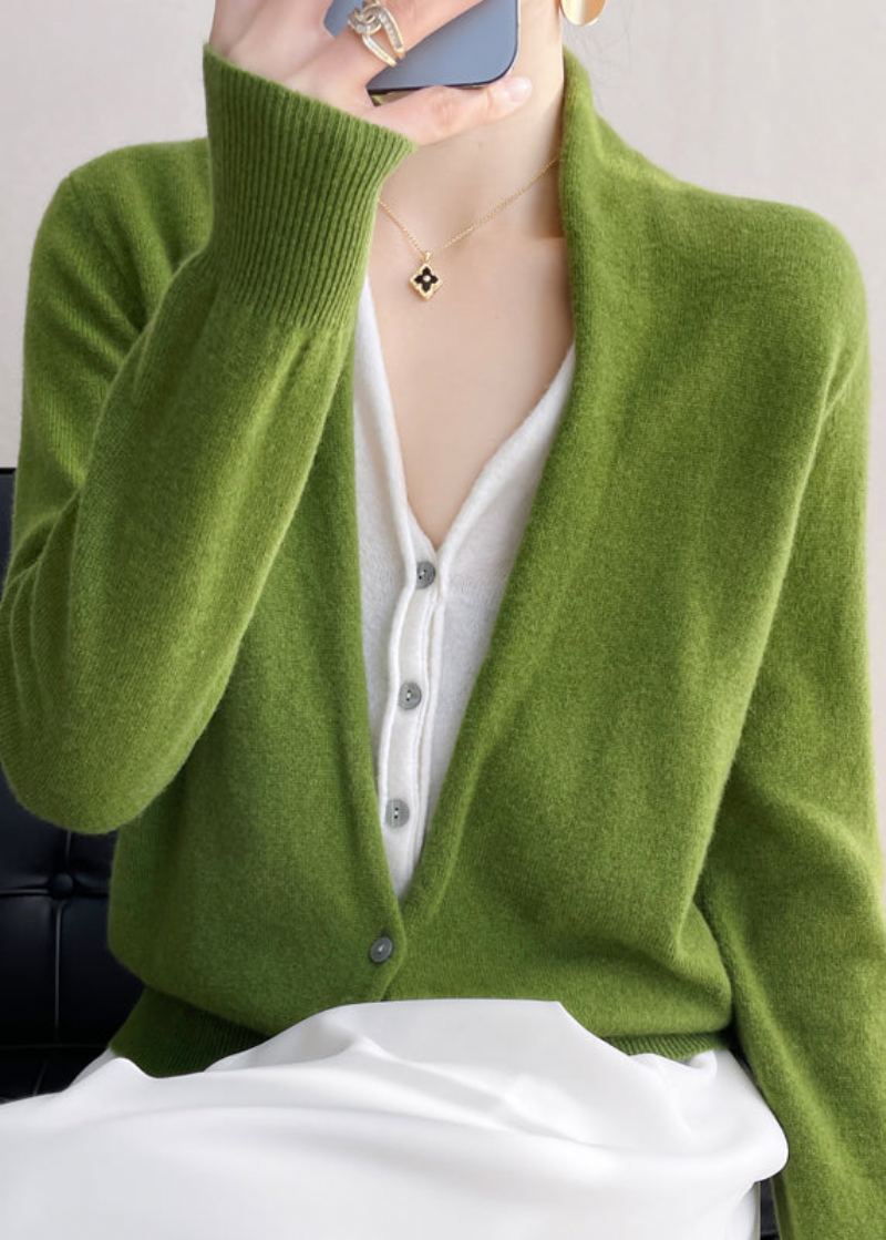 Haut En Tricot En Laine Pour Femmes Vert Col En V Boutons Patchwork Automne - Manteaux en laine femmes