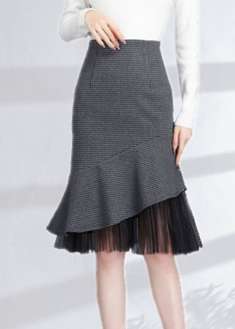 Jupe Enveloppée En Laine Et Tulle Coupe Cintrée À Carreaux Gris À Volants Patchwork Printemps - Manteaux en laine femmes