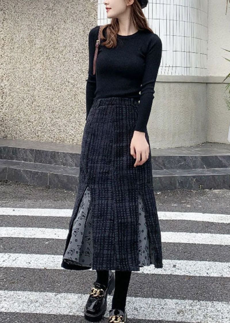 Jupe En Laine Patchwork De Tulle Noir Élégant Hiver - Manteaux en laine femmes