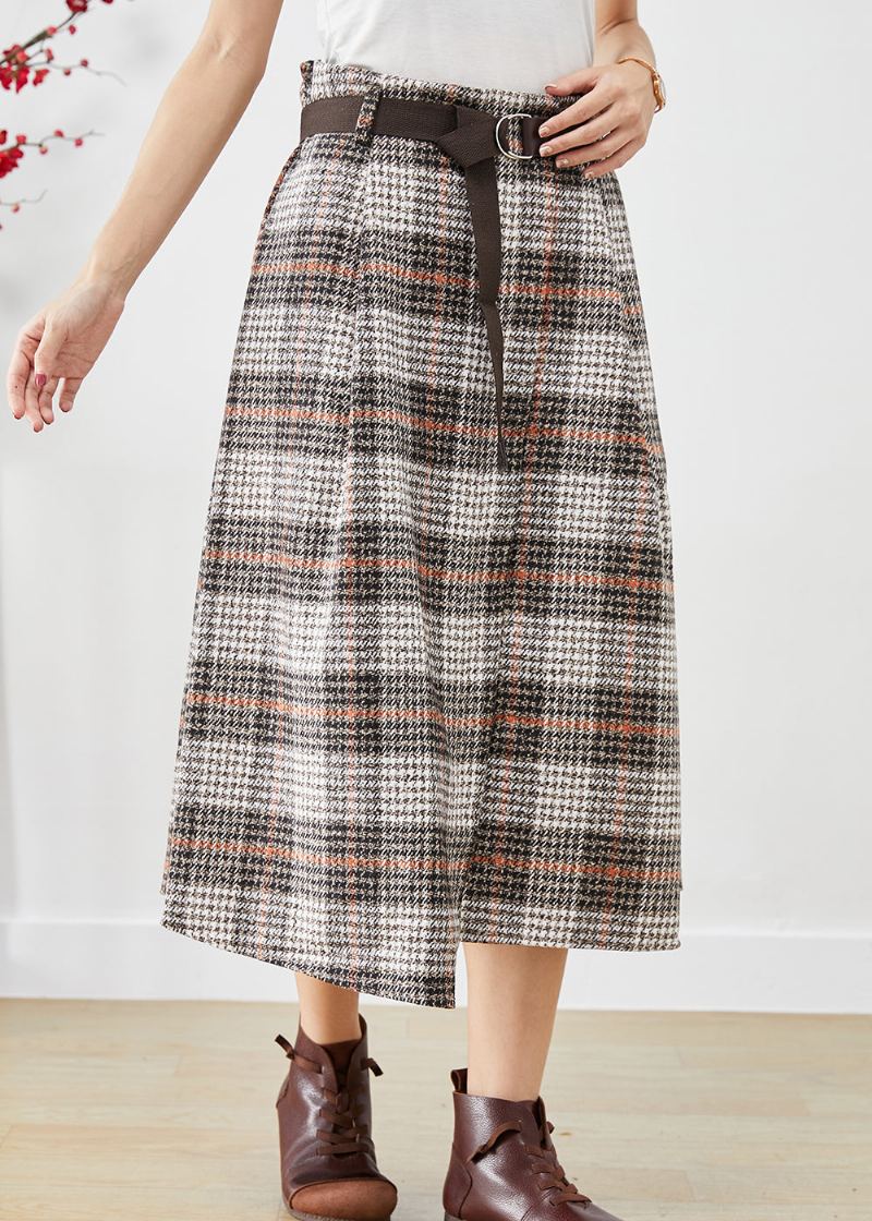 Jupes En Laine À Carreaux Beiges Asymétrique Taille Haute Automne - Manteaux en laine femmes