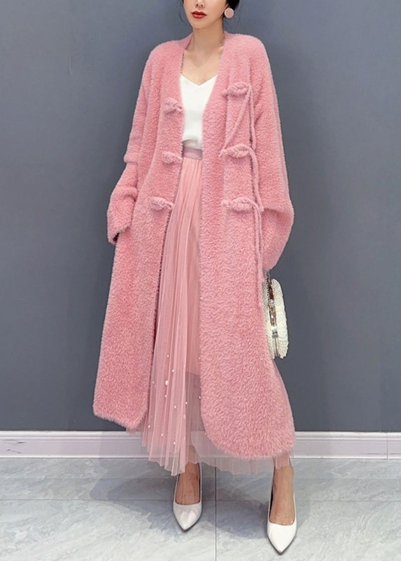 Magnifique Trench-coat En Laine Rose Avec Col En V Et Boutons À Manches Longues