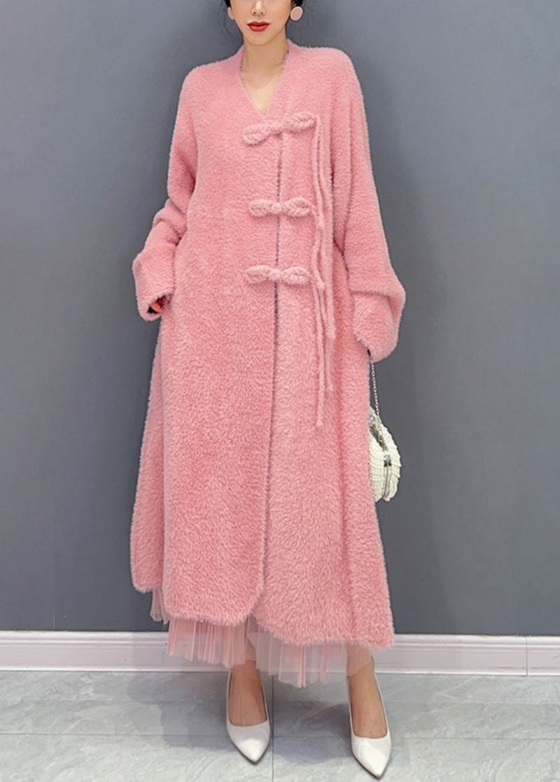 Magnifique Trench-coat En Laine Rose Avec Col En V Et Boutons À Manches Longues - Manteaux en laine femmes