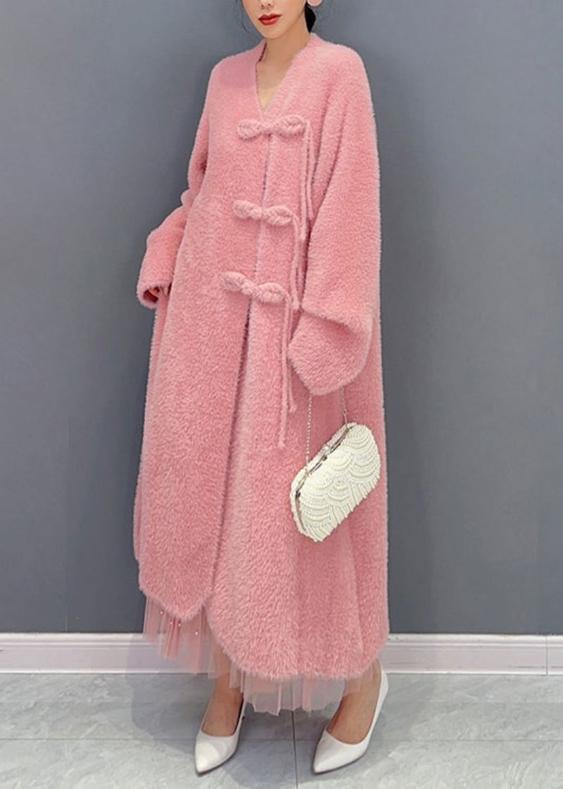 Magnifique Trench-coat En Laine Rose Avec Col En V Et Boutons À Manches Longues - Manteaux en laine femmes