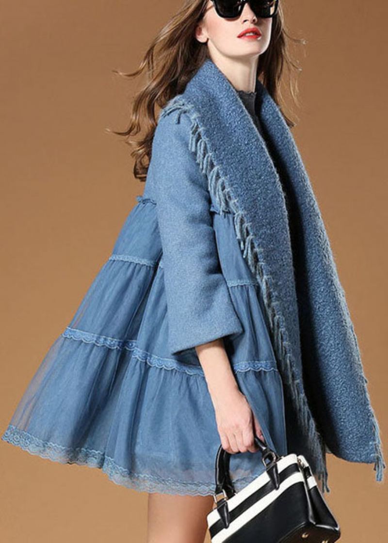 Manteau D'automne En Laine À Franges Et Patchwork De Tulle Bleu De Grande Taille - Bleu