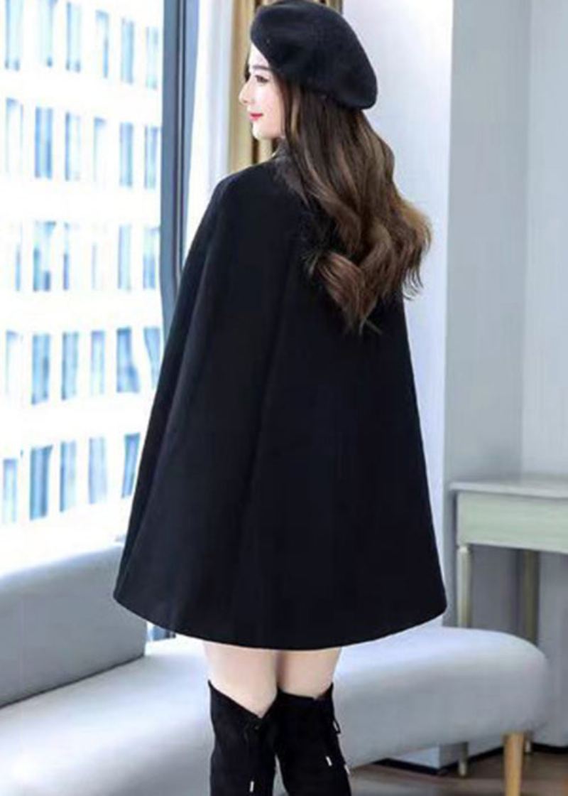 Manteau Cape En Laine Épaisse Avec Bouton Rivet Noir De Grande Taille Sans Manches - Manteaux en laine femmes