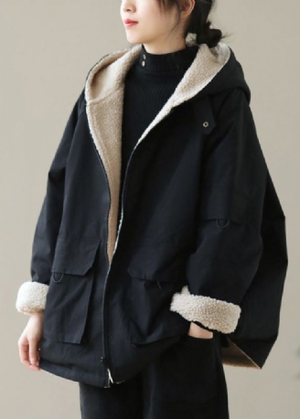 Manteau À Capuche En Coton Doublé De Laine Épaisse Avec Poches Zippées Noires À La Mode Hiver